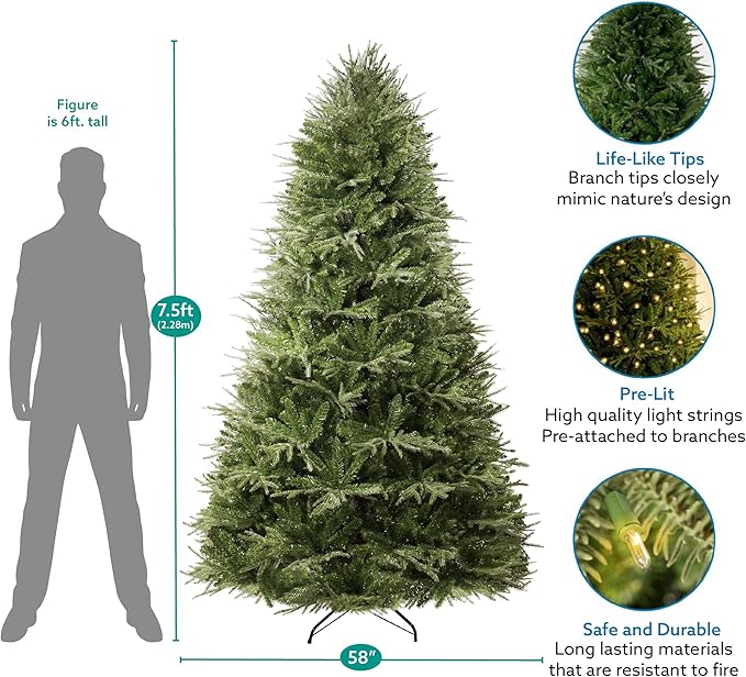 Camden 7.5ft Prelit Artificial Christmas Tree with Foot Pedal, 2755 Branch Tips, 600 Warm Lights and Metal Stand, 58" Wide Realistic Hinged Christmas Tree with Lights by Naomi Home