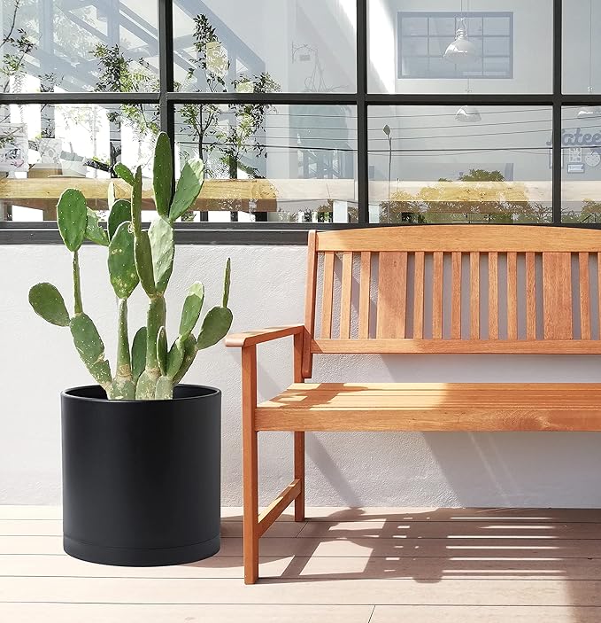 D'vine Dev 2 Pack 14 Inch Modern Plastic Plant Pots, Small Garden Planters for Plant with Drainage Holes and Saucers, Black Color, 74-Y-Q-1