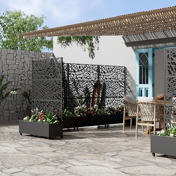 Casaphoria Metal Raised Garden Bed with Trellis and Wheels, 72"x 47"x 16" Planter Box for Climbing Plants, Vegetables & Vines, Features Drainage Holes and Privacy Screen,Black(Black-Spring&Net)