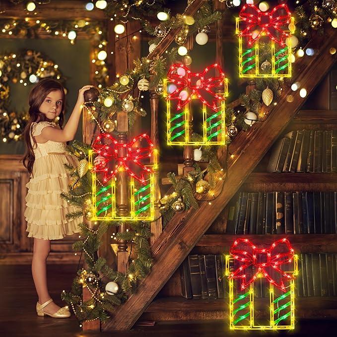 16" Christmas Window Silhouette Lights Decorations - 4 Pack Christmas Lighted Gift Boxes- Used for Holiday Christmas Trees, Wall, Fireplaces, Interior and Exterior Door and Window Decorations