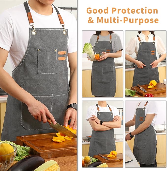 Tosewever Canvas Cross Back Chef Cotton Aprons for Men Women with Large Pockets