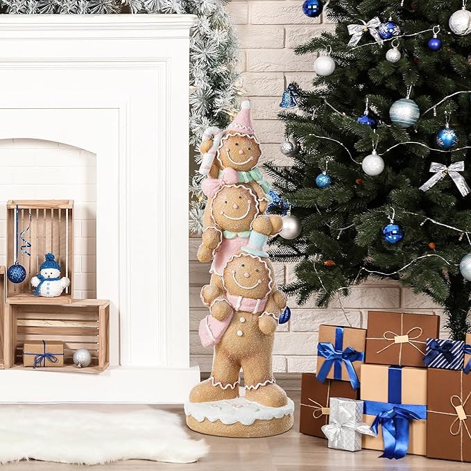 Glitzhome Christmas Front Porch Decor, Macaron Pink Resin Stacked Gingerbread Man Xmas Porch Sign Decoration for Indoor Outdoor Patio Standing Decor, 29.25" H