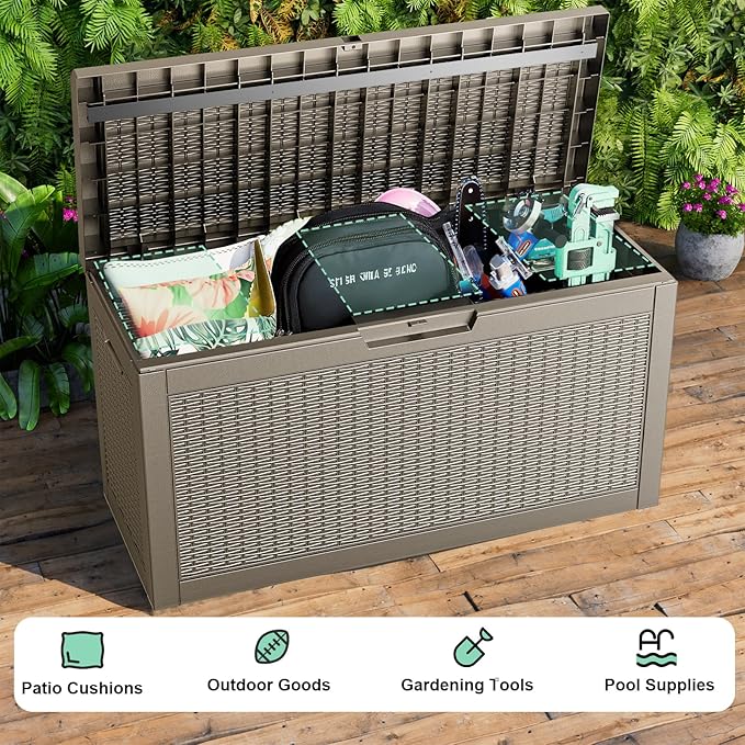 DRATO 60 Gallon Deck Box, Waterproof Resin Large Outdoor Storgae Box for Patio Furniture, Patio Cushions, Gardening Tools, Pool Supplies, Lockable
