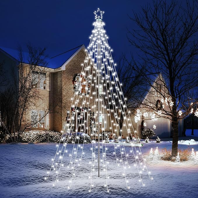 Lomotech Christmas Tree Lights - 10Ft 404 LED with 7.08" Topper, Remote Controll Waterproof Iron Pole Waterfall Lights for Outdoor Christmas Decorations (White)