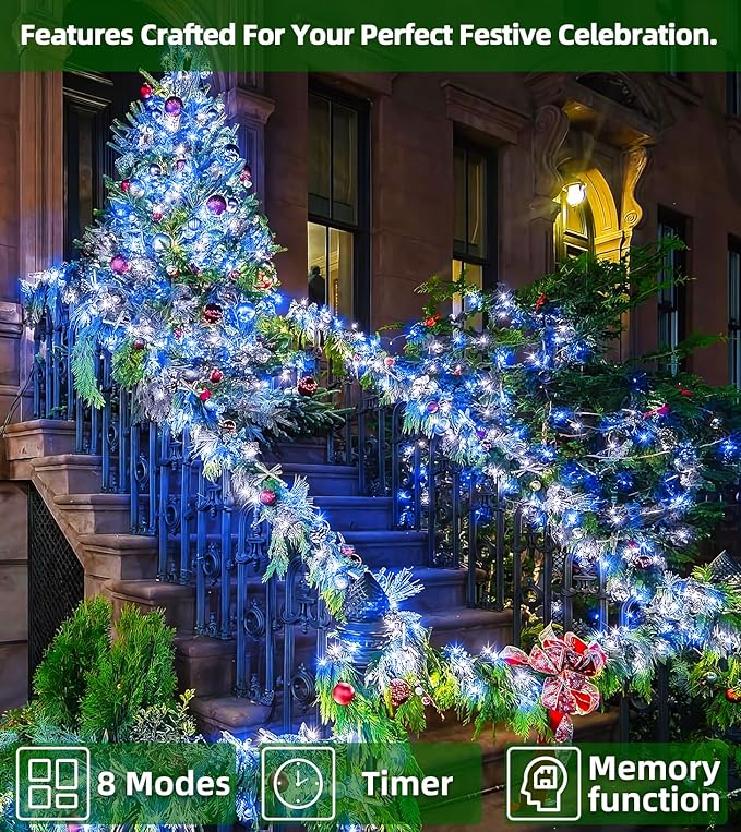 LED String Lights Christmas Decorations,8 Lightsing Modes Christmas Lights with Timer Functions for Tree Indoor Outdoor Decorr 1500 LED 492FT Blue & White