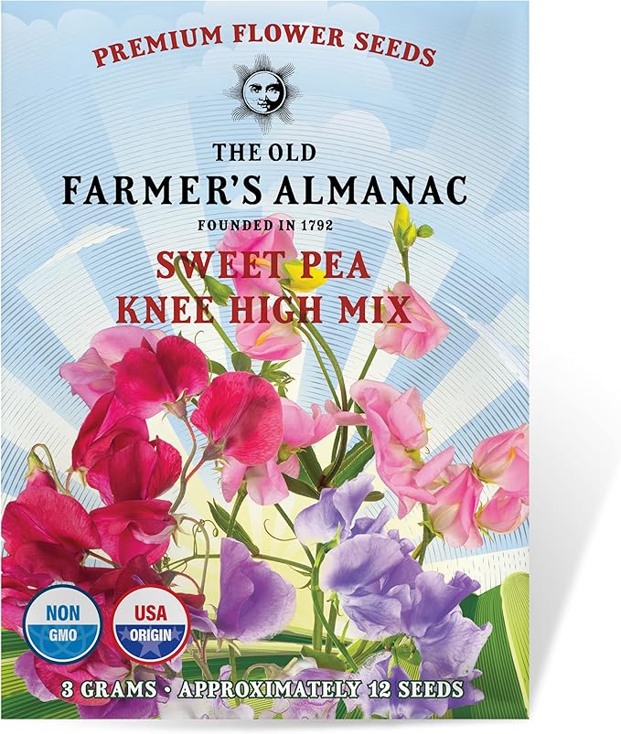 The Old Farmer's Almanac Sweet Pea Seeds (Knee High Mix) - Approx 10 Flower Seeds - Premium Non-GMO, Open Pollinated, USA Origin