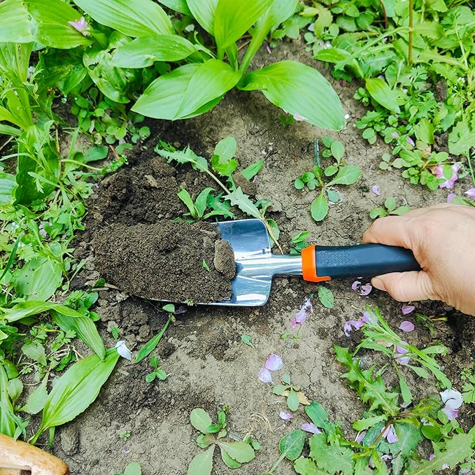 Gardening Tool Set Including Hand Trowel, Transplant Trowel, Cultivator Hand Rake, Pruning Shears and Weeder, Non-Slip Rubber Grip (4 pcs Orange)