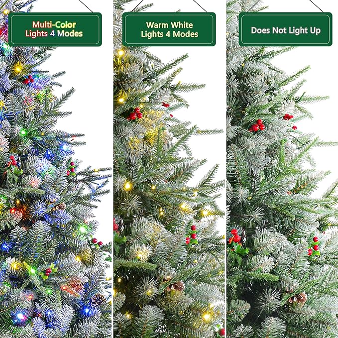 SHareconn 6.5ft Pre-Lit Flocked Spruce Artificial Hinged Christmas Tree with Remote, Timer and 400 Warm White & Multi-Color Lights, 1062 Branch Tips, Perfect Choice for Xmas Decoration, 6.5 FT, White