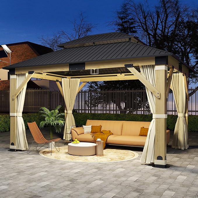 11'x13' Wood Gazebo, Hardtop Cedar Gazebos with Double Roof Galvanized Steel Top, Outdoor Solid Wooden Pavilion with Curtain & Netting for Garden, Patio, Deck, Backyard
