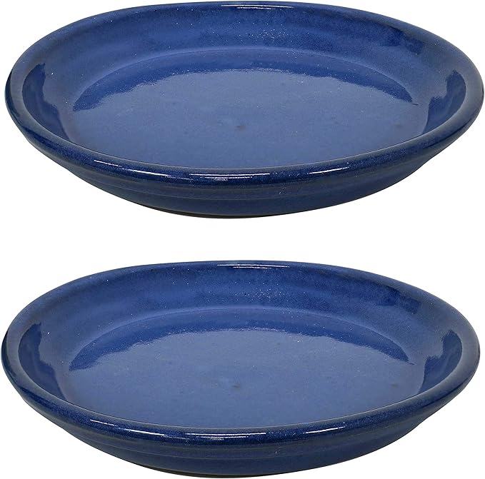 Sunnydaze 9-Inch Ceramic Plant Saucers - Plant Drip Trays for Outdoor Planter Flower Pot Drainage - Set of 2 - Imperial Blue