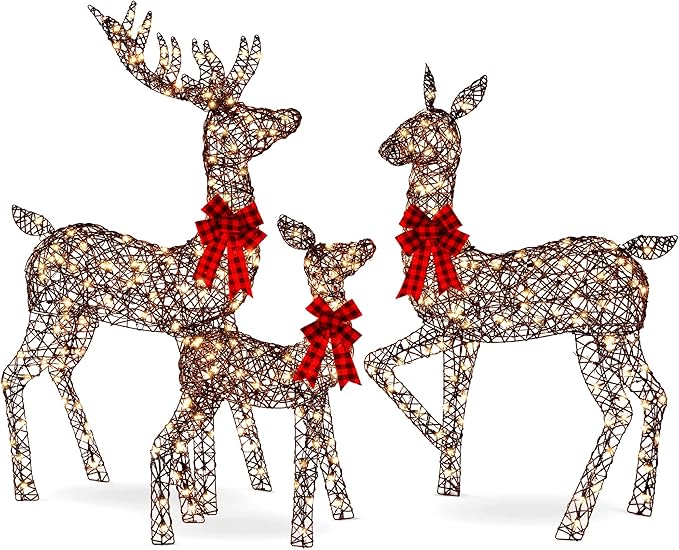 Best Choice Products 3-Piece Large Lighted Christmas Deer Family Set 5Ft Outdoor Yard Decoration with 360 LED Lights, Stakes, Zip Ties - Rattan
