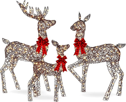 Best Choice Products 3-Piece Large Lighted Christmas Deer Family Set 5Ft Outdoor Yard Decoration with 360 LED Lights, Stakes, Zip Ties - Rattan
