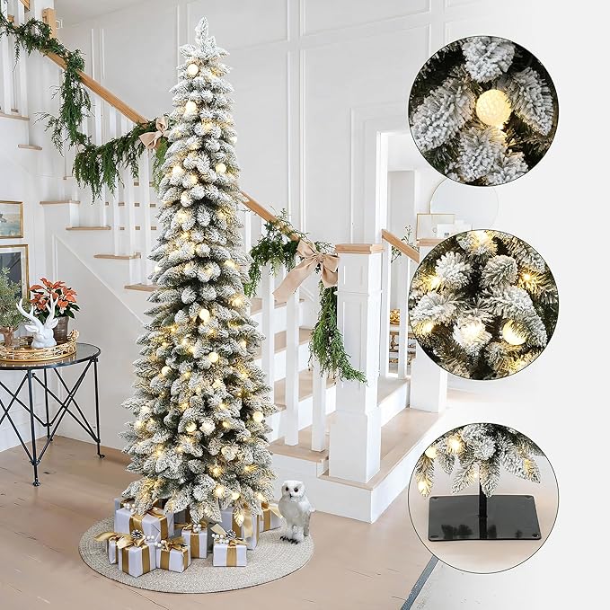 LuxenHome 7FT Flocked Christmas Tree, Slim Pencil Christmas Tree Pre-lit with 200 Warm White LED Globe Lights, Lighted Artificial Christmas Trees with Stand for Indoor, Outdoor Holiday Decorations