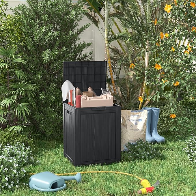 DRATO Deck Boxes, 28 Gallon Outdoor Storage Box for Patio Cushion, Garden Tools, Waterproof and UV Resistant, Lockable Black