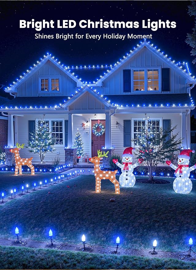 C9 LED Christmas Lights Outdoor, 68Ft 100 LED String Lights with Quick Clips, Commercial Grade Extendable Waterproof Outdoor Christmas Lights for House Outside Roofline Xmas Decor, Blue & Pure White