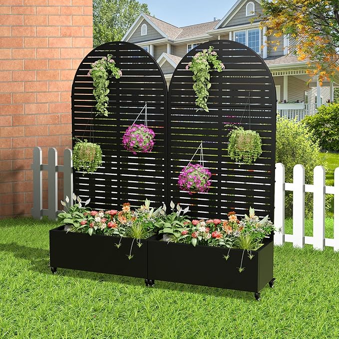 Casaphoria Metal Raised Garden Bed with Trellis and Wheels, 72"x35"x16" Arched Planter Box for Climbing Plants, Vegetables & Vines, Features Drainage Holes and Privacy Screen (Black-Louvered)