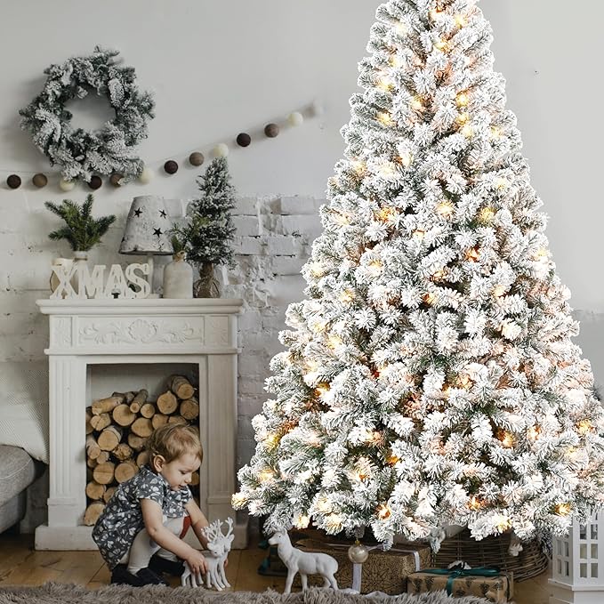 5FT Pre-Lit Flocked Christmas Tree with 150 Warm White Lights, Full White Christmas Tree with Premium PVC Branches,Realistic Snowy Look, Indoor Fake Snow Xmas Tree for Home Office Shops
