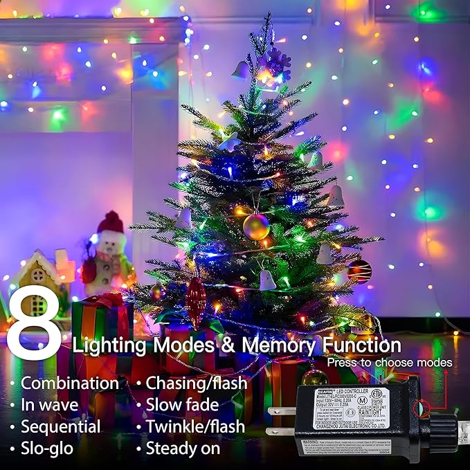 33FT 100 LEDs String Lights Waterproof Fairy Lights 8 Modes with Memory 30V UL Certified Power Supply for Home, Garden, Wedding, Party, Christmas Decoration Indoor Outdoor (Multicolor)