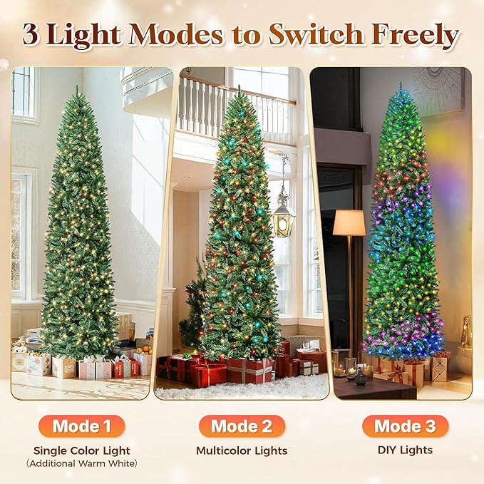 HOLLO STAR 9 ft Prelit Christmas Tree with 546 LED Lights, App Control, Artificial Pencil Christmas Tree with Multi-Color RGBW Lights, 1290 Branch Tips, Skinny Xmas Tree, Metal Base, for Home, Party