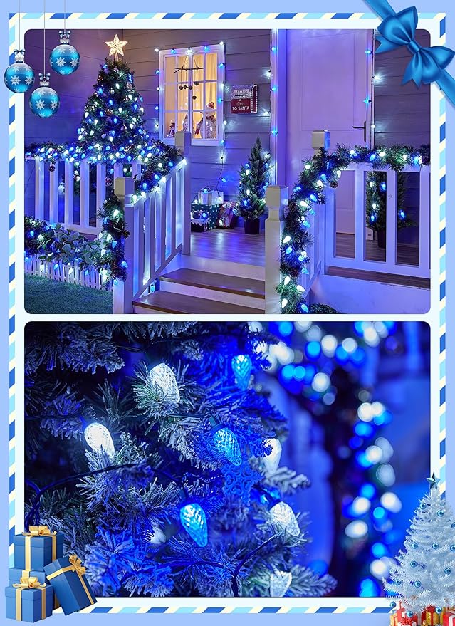 Brightown C9 Christmas Lights Outdoor, 114FT 150 LED Blue and Pure White String Lights with Timer, 8 Modes, UL Listed Waterproof Connectable Christmas Tree Lights for House, Roof, Garden, Patio Decor
