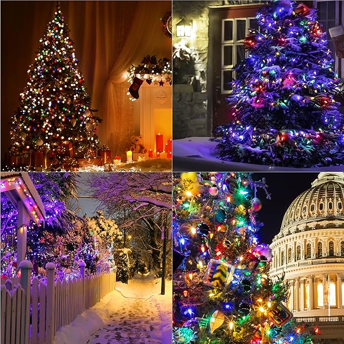 WATERGLIDE C6 Christmas Lights, 33ft 100 LED Faceted String Lights Green Wire Fairy Lights with 29V Safe Adaptor, 8 Lighting Mode, Waterproof for Indoor Outdoor Patio Xmas Tree Party Decor, Multicolor