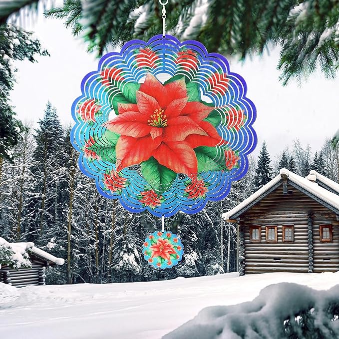 Wind Spinners Outdoor Christmas Poinsettia - Birthday Gifts for Women Mom Grandma, Hanging Wind Sculptures 12 inch 3D Wind Spinner for Garden Decor for Outside, Garden, Patio, Yard, Outdoor（Red