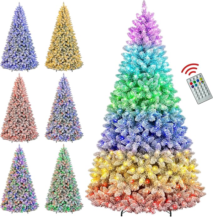 Hykolity 7.5 ft Prelit Snow Flocked Christmas Tree with Remote Control, 1446 PVC Branch Tips, Artificial Hinged Christmas Tree with 450 Multi-Color RGB Lights for Home, 15 Modes