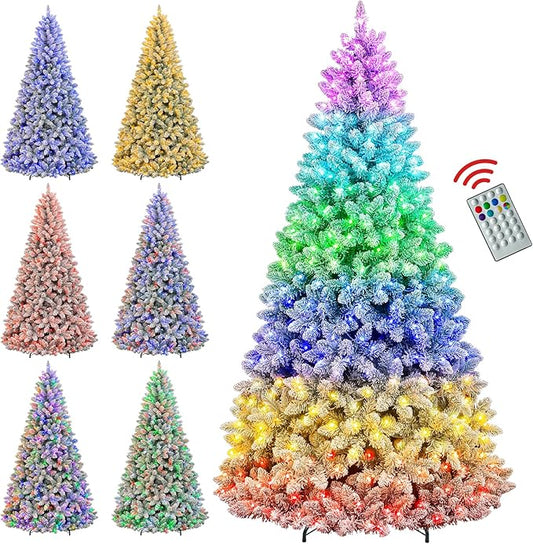 Hykolity 7.5 ft Prelit Snow Flocked Christmas Tree with Remote Control, 1446 PVC Branch Tips, Artificial Hinged Christmas Tree with 450 Multi-Color RGB Lights for Home, 15 Modes