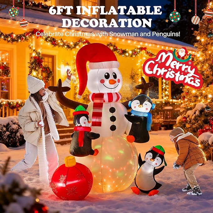VIVOHOME 6FT Christmas Inflatable Outdoor Decoration, Snowman with Penguin and Red Ball, Navidad Blow Up Yard Decor with Built-in LED Light for Lawn, Garden, Party