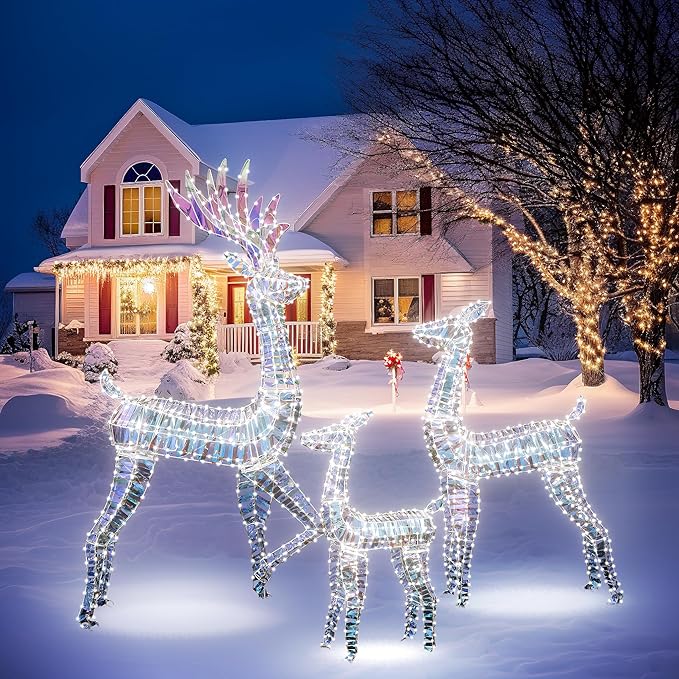 AWQM 3-Piece Lighted Christmas Reindeer, Christmas Deer Family Set, 50+80+100 LED Lights, Indoor or Outdoor Christmas Holiday Decoration for Yards Garden Lawn Patio Light Up Display, Iridescent