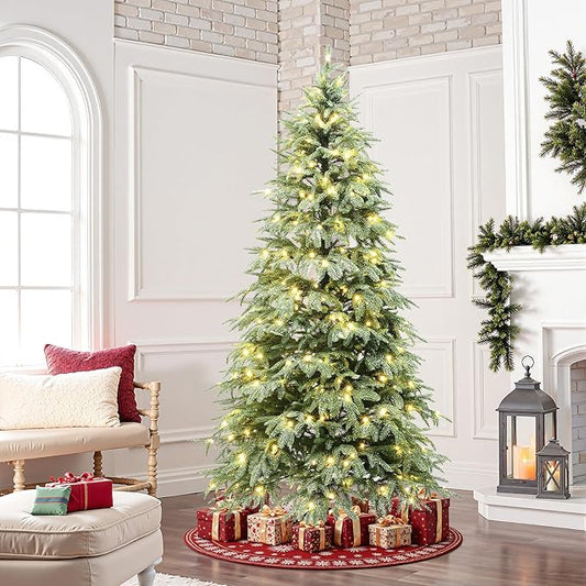 LuxenHome 6.5FT Prelit Christmas Tree with Lights, Green Flocked Artificial Christmas Tree with 350 LED Lights, 688 PE Branch Tips, Plug-in Prelit Pine Tree Indoor, Outdoor Holiday Décor