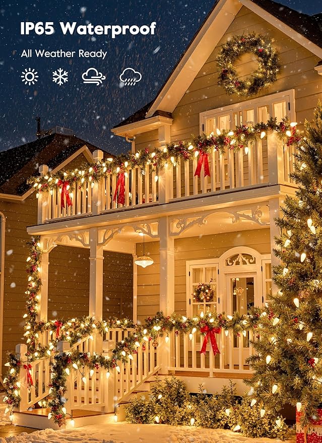 Brightown C9 Christmas Lights Outdoor, 114FT 150 LED Warm White String Lights with Timer, 8 Modes, Plug-in UL Listed Waterproof Connectable Christmas Tree Lights for House, Roof, Garden, Patio Decor
