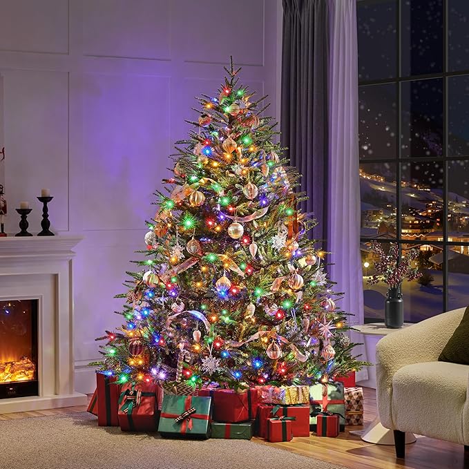 Yaheetech 6ft Full Christmas Tree with 550 Multicolored LED Lights & 1207 Unique Forked Tips,Hinged Tree for Garden,Office,Pre-lit Artificial Christmas Tree with Foldable Metal Stand,Green