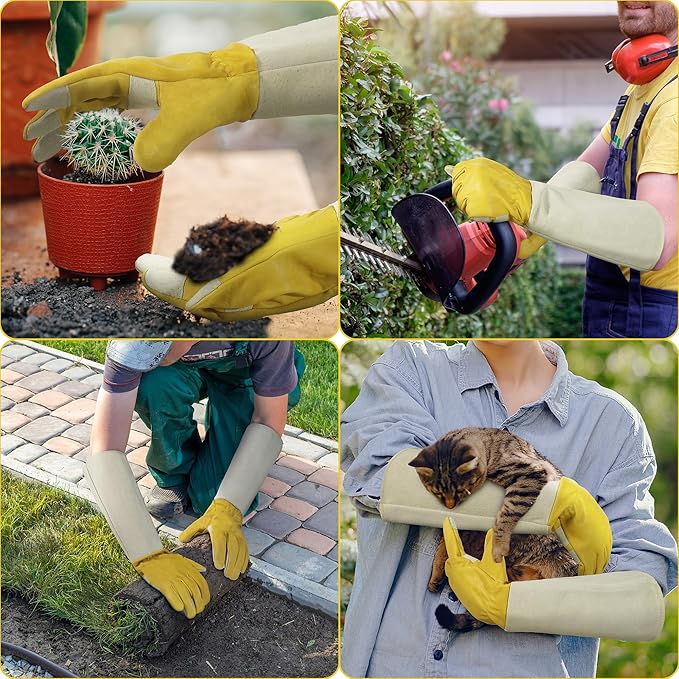 HANDLANDY Rose Pruning Gardening Gloves for Men Women, Thorn Proof Forearm Protection Leather Garden Gloves, Gardening Gifts for Gardeners (Yellow- goatskin, Large (Pack of 1))