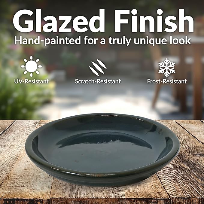 Sunnydaze 7-Inch Ceramic Plant Saucers - Plant Drip Trays for Outdoor Planter Flower Pot Drainage - Set of 2 - Forest Lake Green