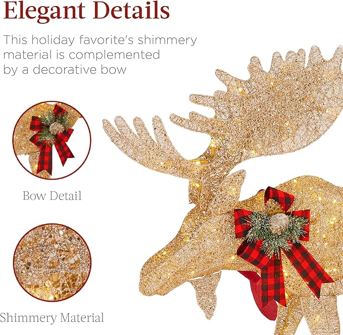 Best Choice Products 5ft 2-Piece Moose Family, Lighted Outdoor Christmas Yard Decoration, Light-Up Décor Set w/ 370 LED Lights, Zip Ties - Gold