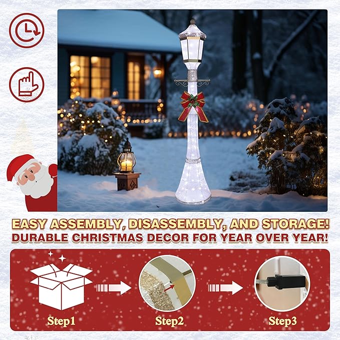 6FT Lighted Freestanding Lamp Post for Christmas Decoration, Pre-Lit Iridescent Post Lamp with 120 LED Lights & Removable Bow, Outdoor 3D Glittered Standing Festival Display, White