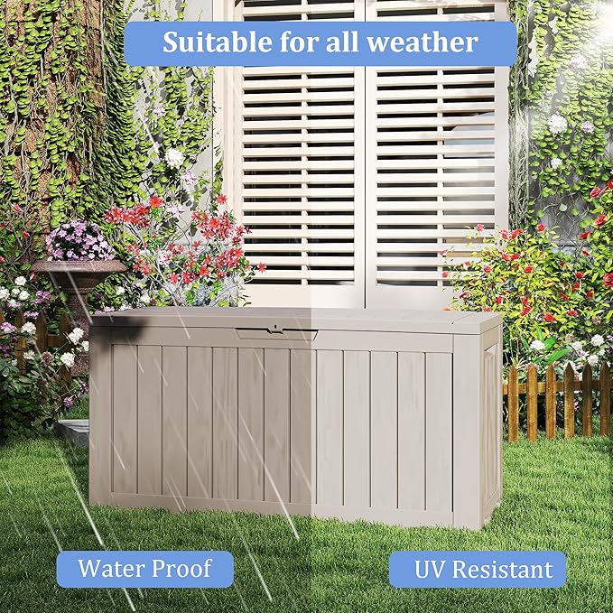 TARKARI 90 Gallon Lockable Resin Deck Box with Wheels, Waterproof & UV-Resistant Outdoor Storage Box for Outdoor Cushion Storage, Garden Tools & Pool Accessories Storage, Gray