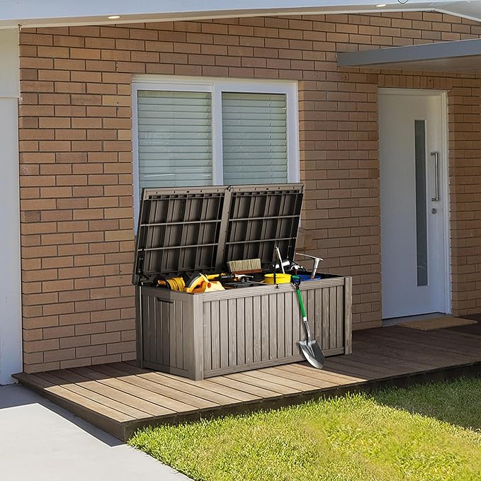 TARKARI 180 Gallon Lockable Resin Deck Box, Waterproof & UV-Resistant Outdoor Storage Box for Outdoor Cushion Storage, Garden Tools & Pool Accessories Storage, Gray