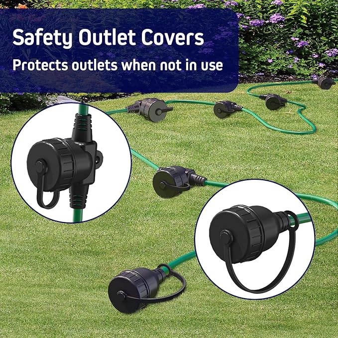 50FT Green Outdoor Extension Cord, Evenly Spaced 6 Outlets Plugs with Waterproof Cover, 16/3 SJTW Weatherproof Multiple Outlets Wire for Holiday Light and Halloween Christmas Decoration, ETL Listed