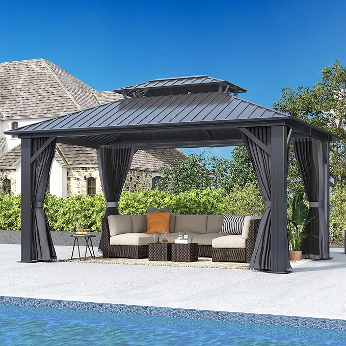 12'x14' Hardtop Gazebo, Outdoor Double Roof Galvanized Steel Gazebos, Aluminum Frame Permanent Pavilion with Curtains & Netting for Backyard, Patio, Deck