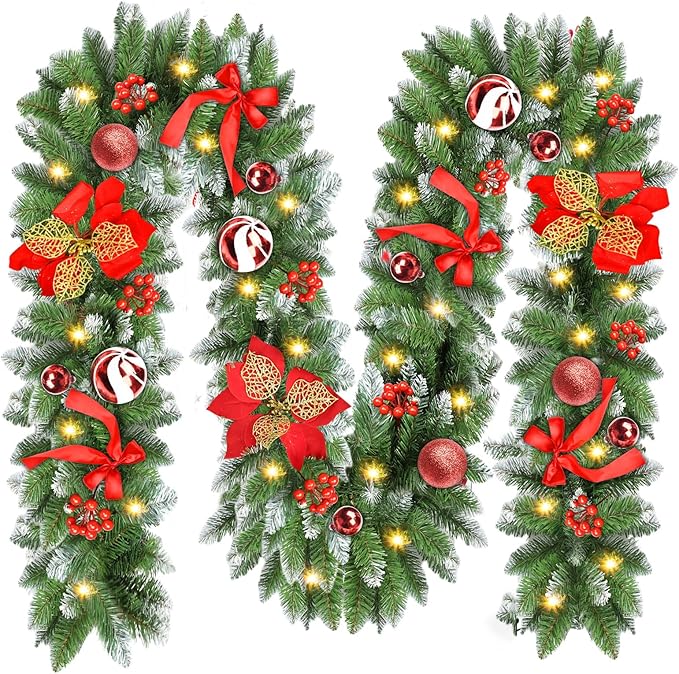 Christmas Garland with Lights, 30 LED Pre Lit Xmas Garland for Stairs Fireplace Front Door Table Porch Arch Mantle Garden Gate Staircase,Light Up Artificial Wreath Home Outdoor Decorations