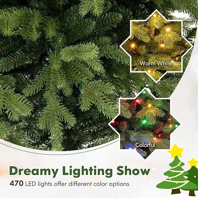 Happygrill 7 FT Pre-Lit Artificial Christmas Tree, Hinged Xmas Tree w/1646 Branch Tips, 470 LED Lights, 11 Lighting Modes, 3 Auto Timers, 4-Level Brightness & Remote Control, Decoration Tree for Party