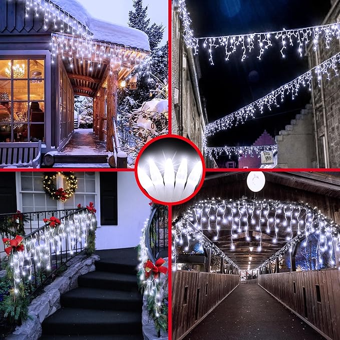 1296LED Christmas Lights with 288 Drops, 131ft 8 Modes Christmas String Lights Outdoor, Waterproof Christmas Decorations Fairy Lights with Timer Memory for Xmas Party Patio Fence Tree Cool White