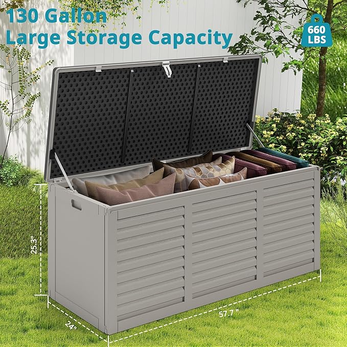 HUGROVE Resin Deck Box, 130 Gallon Outdoor Storage Box with Lockable Lid, Waterproof Patio Storage for Garden Tools & Outdoor Accessories (Dark Black) (Light Gray)
