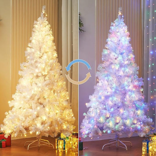 Juegoal 7.5 FT Artificial Christmas Tree (NOT Pre-Strung) with Remote Control, 450 LED Warm White & Multicolor Changing Lights, Fake Xmas Pine Tree with Metal Legs, 1350 Branch Tips, White