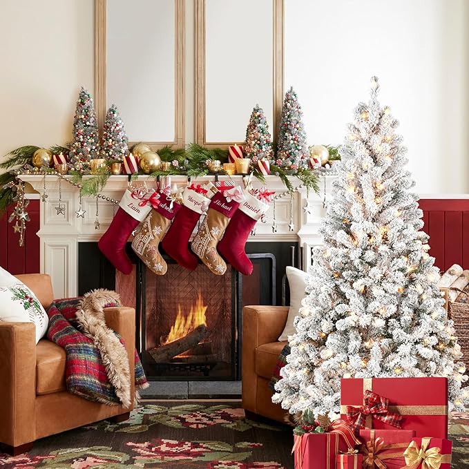 7FT Pre-Lit Flocked Christmas Tree with 350 Warm White Lights, Full White Christmas Tree with Premium PVC Branches, Realistic Snowy Look, Indoor Fake Snow Xmas Tree for Home Office Shops