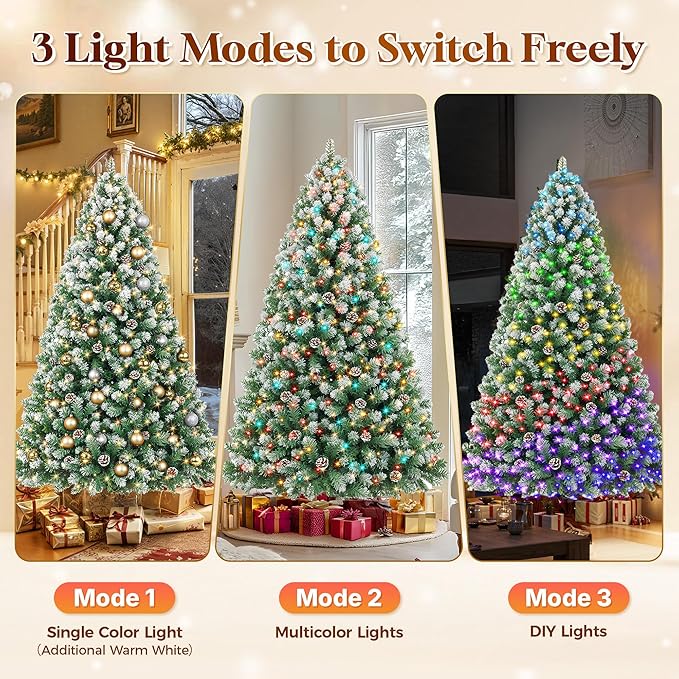 HOLLO STAR 6 ft Prelit Christmas Tree with 250 LED Lights, App Control, Artificial Christmas Tree, Multi-Color RGBW Lights, 914 Flocked Frosted Tips, 58 Pine Cones, Metal Base, for Home, Party