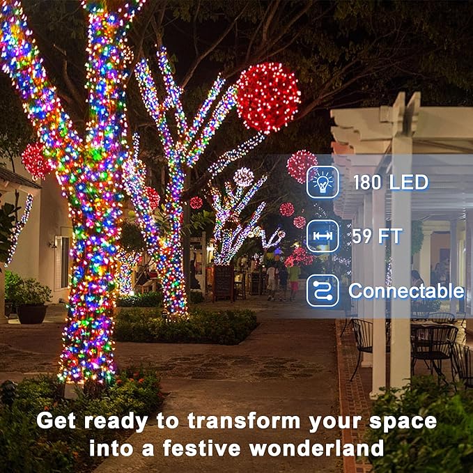 180 LED 59ft Christmas String Lights Indoor Outdoor, 8 Modes Christmas Fairy Lights with Timer & Momory, IP44 Waterproof Christmas Tree Lights for Xmas Patio Yard Fence Balcony Garden (Multicolor)