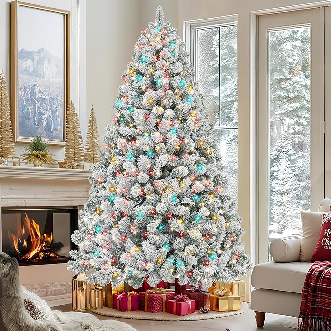 HOLLO STAR 7.5 ft Flocked Prelit Christmas Tree with 503 LED Lights, App Control, Artificial Christmas Tree, Multi-Color RGBW Lights, 1355 Branch Tips, Snow Xmas Tree, for Home, Party